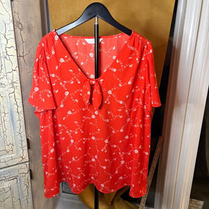 Lauren Conrad Red Floral Bow Tie Front Blouse Feminine V-Neck Romantic Top